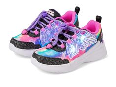 SKECHERS KIDS Dream Racer - Wing Brites 303055L (Little Kid/Big Kid) - Girls Shoes : Black/Hot Pink : The SKECHERS KIDS Dream Racer - Wing Brites 303055L from the Magical Collection will have your little one feeling like they're walking on air! With sporty butterfly theme design, synthetic and sparkle mesh upper, and comfy textile lining, these shoes are as stylish as they are comfortable. And to top it off, the cushioned comfort insole will keep their feet feeling great all day. Stretch-lace to Skechers Kids, Rainbow Shoes, Butterfly Theme, Black Hot Pink, Girls Shoes Kids, Fashion Toys, Girls Sneakers, Skechers Shoes, Girls Dream