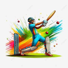 a cricket player hitting the ball with his bat and colorful paint splats behind him