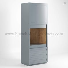 a white cabinet with a wooden door on the top and bottom, in front of a white background