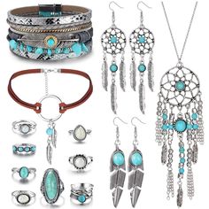 PRICES MAY VARY. ✨TURQUOISE JEWELRY SET: The western jewelry set includes 2 Pcs turquoise necklace, 2 Pairs turquoise dangle earrings, 1 piece of turquoise leather bracelet and a set of boho knuckle rings. The rich combination for your daily wear and matching. ✨BOHEMIAN JEWELRY: The boho turquoise jewelry set features the bohemian and retro style, and the turquoise shows deep, Power and warm meanings, Can bring you more chicness and charms. The detailed size has been explained in the picture,You Layered Bracelets Boho, Turquoise Jewelry Set, Boho Turquoise, Chapeau Cowboy, Turquoise Pendant Necklace, Turquoise Earrings Dangle, Turquoise Boho, Turquoise Leather, Earrings Turquoise