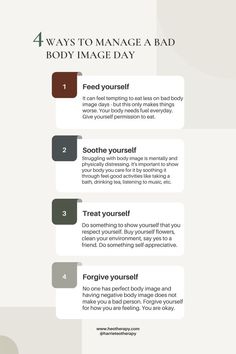 It's normal to struggle with negative body image from time to time. However, we can sometimes do things that make our body image worse in attempt to fixing it. These four body image tips will help you support your body image and learn to heal your relationship with your body and yourself. Cognitive Behavioral Therapy, Behavioral Therapy, How To Eat Less, Our Body, Listening To Music, Drinking Tea