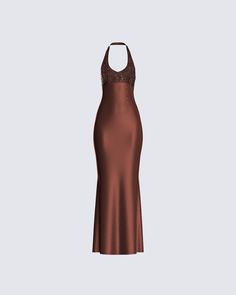 Make the outside just as beautiful as the inside while exuding elegance in this brown halter dress detailed with sequins and a tie-up back 🤎✨ Brown Hoco Dress, Brown Prom Dress, Brown Halter Dress, Brown Dresses Formal, Halter Prom Dresses, Future Of Fashion, Welcome To The Future, Outfits Dress, Prom Dress Inspiration