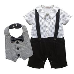 Each Set Includes A Tux Romper And A Bib-Style Vest 2pcs Outfit. Made Of Cotton. Machine Wash. Black Summer Sets For Playwear, Black Cotton Playtime Sets, Playful Black Sets For Spring, Playful Black Spring Sets, Black Cotton Party Sets, Cute Black Sets For Playtime, Cute Black Playwear Sets, Tuxedo Outfit, Boys Dressy Outfits