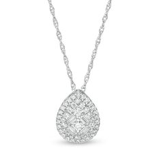 Top off your casual or dressy looks with this sumptuous diamond pendant. Fashioned in cool 10K white gold, this splendid design features a pear-shaped composite of round and baguette-cut diamonds - all wrapped in a round-diamond frame. Captivating with 1/4 ct. t.w. of diamonds and a bright polished shine, this pendant suspends along an 18.0-inch rope chain that secures with a spring-ring clasp. Pear-shaped Diamond White Necklace With Diamond Accents, Pear-shaped Diamond Necklace With Accents, White Pear-shaped Diamond Necklace With Accents, Pear-shaped White Diamond Necklace, White Pear Diamond Cut Necklace, Pear-shaped White Diamond Cut Necklace, White Pear-shaped Diamond Cut Necklace, Fine Jewelry White Pear Diamond Necklace, White Pear Shaped Diamond Necklace