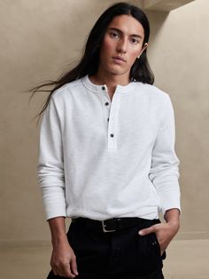 Blurring the boundary between casual and luxury, this immaculate henley t-shirt is made from our customer-favorite Double-Knit jersey--a soft fabric that's heavier that's in between t-shirt and sweatshirt n weight--the perfect companion for cool weat Classic Everyday Top With Henley Neckline, Classic Relaxed Fit Henley For Everyday, Fall Layering Henley With Crew Neck, Classic Henley Neckline Top With Relaxed Fit, White Crew Neck Henley For Everyday, Relaxed Fit Henley Neckline Tops For Loungewear, Fall Henley With Relaxed Fit And Henley Neckline, Classic Henley Neckline Top For Layering, White Henley Top For Fall