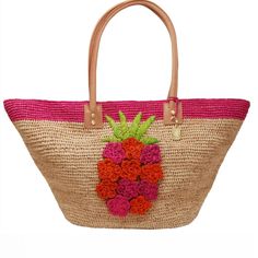 Tori Richards Women’s Woven Beach Bag With A Pink Pineapple And Leather Handle. New With Tags Originally $128 This Charming Pineapple Tote Is Brimming With Aloha Panache. Hand Crocheted From Natural Breezy Raffia, The Pineapple Motif Is Made Up Of Embroidered Flowers! A Little Smaller Than The Stripe Shopper, This Tote Is A Pure Delight To Own. Additional Details Include Natural Leather Trim, Our New Gold-Brushed Tori Richard Monogram Charm, A Magnetic Closure And 100% Full Cotton Lining. Get Re Woven Beach Bag, Crochet Beach Bags, Chic Crochet, Ferragamo Handbags, Crochet Backpack, Soft Leather Handbags, Longchamp Handbags, Pink Pineapple, Green Handbag