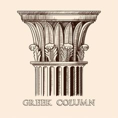 the greek column with flowers and leaves on it, hand drawn illustration in vintage engraving style