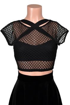 Black Diamond Mesh Crop Top worn over Black Cross Strap Mesh Back Bralette and velvet skater skirt Fitted Crisscross Crop Top With Built-in Bra, Sheer Cropped Mesh Top For Party, Stretch Cross Back Tops For Party, Stretch Cross Back Party Tops, Mesh Back Crop Top For Summer, Fishnet Mesh Crop Top For Night Out, Black Mesh Cropped Top, Sheer Mesh Crop Top For Party, Spring Crisscross Crop Top For Night Out