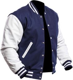 royal blue and white varsity jacket Fitted Cotton Varsity Outerwear, Cotton Outerwear With Pockets And Baseball Collar, Blue Varsity Jacket With Baseball Collar, Varsity Cotton Outerwear With Pockets, Blue College Varsity Jacket With Button Closure, Blue Varsity Jacket With Button Closure For College, College Blue Varsity Jacket With Button Closure, Navy Long Sleeve Outerwear With Ribbed Cuffs, Blue College Track Jacket With Pockets