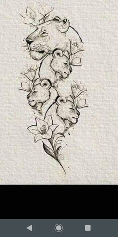 an animal tattoo design with flowers on the bottom and one in the middle, as well as