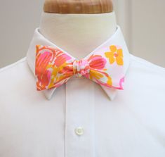 "Men's Bow Tie, pinks/gold abstract floral print, neon pink, yellow bow tie, wedding party bow tie, groom/groomsman bow tie, Easter, summer Make a style statement in this abstract floral design in warm, bright shades of neon pink, salmon/coral and saffron yellow on a crisp white background. PLEASE NOTE: As you can see from the 4th photo, this is a very large scale design so exact color and motif placement varies from tie to tie and cannot be guaranteed. Adjustable in both pre-tied and self-tie v