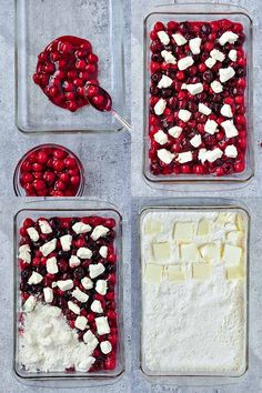 four glass containers filled with food on top of a cement countertop, including cranberries and feta cheese