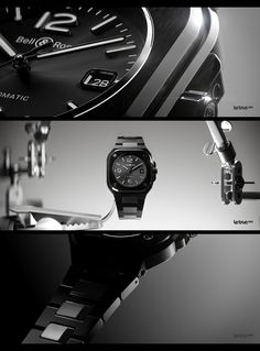 three different images of a watch on display