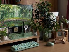 a computer keyboard sitting on top of a wooden desk next to a potted plant