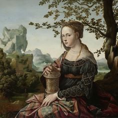 a painting of a woman holding a vase