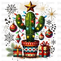 a cactus with christmas decorations around it