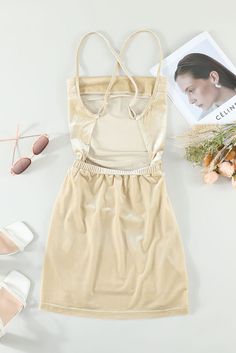 Khaki Chain Criss Cross Backless Spaghetti Strap Mini Dress Gold Mini Dress With Spaghetti Straps For Summer, Gold Backless Mini Dress For Summer, Mini Casual Dress, Heart Print Dress, Spaghetti Strap Mini Dress, Neck Stretches, Backless Mini Dress, Split Dress, Mini Dress Casual