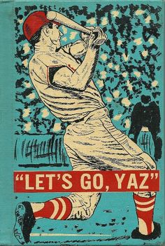 a baseball player swinging a bat on top of a blue and red cover with the words let's go yaz