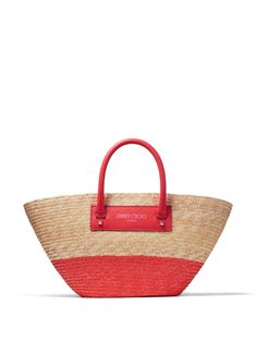 beige/red raffia leather trim interwoven design logo print to the front gold-tone stud embellishment two rolled top handles open top main compartment Designer Straw Bag With Double Handle For Daily Use, Designer Straw Shoulder Bag For Shopping, Designer Double Handle Straw Bag For Daily Use, Designer Straw Bag For Shopping With Top Carry Handle, Luxury Straw Bags For Shopping, Designer Straw Tote Shoulder Bag, Designer Natural Straw Bag With Handles, Designer Straw Bags With Double Handle, Designer Natural Straw Bag