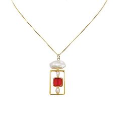 Art 2311N Chain Necklace by Araceli Concordia (Gold & Pearl Necklace) Red Pearl Pendant Jewelry, Red Pearl Necklace With Charm As Gift, Red Pearl Necklace With Pearl Charm As Gift, Red Pearl Pendant Jewelry Gift, Red Pearl Pendant Jewelry For Gift, Red Pearl Pendant Necklace As Gift, Gold Glass Pendant Necklace, Elegant Red Necklace With Rectangular Pendant, Elegant Red Necklace With Pearl Charm