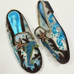 New Beverly Feldman Shoes, Size 5.5 Slip On / Clogs / Mules / Flats Mesh With Ocean Scene In Beads And Sequins Featuring A Seahorse, Coral, Ocean Waves, And A Metal Starfish. Colors Are Beige, Gold, Brown, Green And Blue. New Condition, No Tags, But Unworn. Tags: Novelty Unique Vintage Ooak Nautical Ocean Aquatic Sea Life Fish Aquarium Nautical Beachy Vacation Statement Sparkly Sequence Art To Wear Fish Clothes, Sequence Art, Starfish Colors, Coral Ocean, Sequin Shoes, Green Corset, Fish Aquarium, Embroidery Shoes, Ocean Scenes