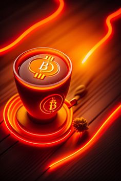 a lit up cup sitting on top of a saucer with a bitcoin in it