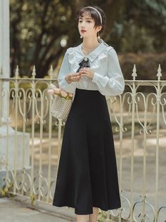 パールリボンラッフルブラウス＋フレアスカート - Belchic Feminine Long Sleeve Dress With Lined Skirt, Feminine Long Sleeve Lined Dress, Elegant Ruffled Midi Skirt, Ruffled Tiered Skirt For Formal Occasions, Formal Tiered Skirt With Ruffles, Formal Tiered Ruffle Skirt, Elegant Midi Skirt With Ruffles, Elegant Long Skirt Office Dress, Elegant Long Office Dresses