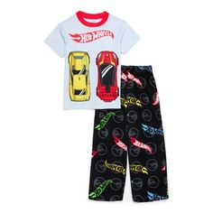 Race off to bedtime in this 2-piece pajama set from Hot Wheels! This short sleeve 2-piece pajama set includes a sleep top and a pair of sleep pants. The top features short sleeves, a crew neckline, and a large Hot Wheels graphic print on the front. The sleep pants are pull-on style with an elastic waistband for easy wear and removal and include an allover Hot Wheels print. The top is made of a soft polyester jersey and the pants are made of cozy polyester fleece. This 2-piece pajama set is machi Multicolor Cotton Sleepwear With Crew Neck, Cotton Crew Neck Sleepover Sets, Cotton Crew Neck Sets For Sleepover, Multicolor Casual Sets For Sleepover, Playful Crew Neck Sets For Sleepover, Playful Crew Neck Sleepover Sets, Cotton Graphic Print Sleepover Sets, Cotton Graphic Print Sets For Sleepover, Casual Crew Neck Bedtime Sets