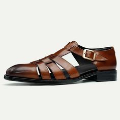 Category:Sandals; Upper Materials:Leather,Italian Full-Grain Cowhide; Lining Materials:Leather; Gender:Men's; Toe Shape:Round Toe; Outsole Materials:Rubber; Closure Type:Slip-on,Buckle; Function:Comfortable,Breathable,Slip Resistant; Listing Date:05/08/2024; 2024 Trends:Leather Shoes,Fishermen sandals Summer Formal Leather Shoes With Round Toe, Brown Ankle Strap T-strap Sandals With Rubber Sole, Brown T-strap Sandals With Ankle Strap And Rubber Sole, Brown T-strap Sandals With Flat Leather Sole, Brown Leather Flat Heel T-strap Sandals, Brown Leather T-strap Sandals With Flat Heel, Classic Brown T-strap Sandals For Summer, Formal T-strap Sandals With Leather Sole, Summer Formal T-strap Sandals With Round Toe