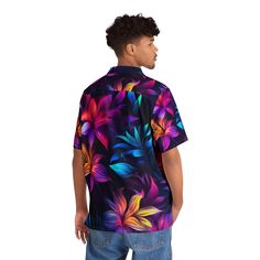 You'll love "Tropical Paradise" our Men's Hawaiian Shirt, a vibrant and customizable tribute to spring! Embrace the spirit of the tropics with this eye-catching shirt that combines neon-like colors of purple, yellow, blue, and green in a mesmerizing pattern that screams fun in the sun.  Crafted with a boxy fit and a notch lapel collar, this shirt exudes laidback vibes, perfect for any casual occasion. Constructed with 95% polyester and 5% spandex fabric, this shirt offers a luxurious feel with i Vacation Multicolor Print Shirt With All Over Print, Relaxed Fit Multicolor Print Shirt For Beach, Casual Multicolor Cotton Hawaiian Shirt, Vibrant Multicolor Print Shirt For Summer, Casual Multicolor Hawaiian Shirt With Hibiscus Print, Multicolor Casual Hawaiian Shirt With Hibiscus Print, Colorful Printed Shirt For The Beach, Multicolor Cotton Hawaiian Shirt With All Over Print, Multicolor Cotton Hawaiian Shirt With Sublimation Print