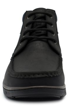 Smooth faux-leather exudes polished style on this casual chukka boot crafted with a cushioned footbed for daylong comfort. Synthetic upper and lining/rubber sole Imported Black Leather Chukka Boots For Outdoor, Black Leather Outdoor Chukka Boots, Black Chukka Boots With Rubber Sole For Fall, Black Leather High-top Chukka Boots, Black Chukka Boots With Stitched Sole And Plain Toe, Black Moc Toe Chukka Boots For Fall, Black Lace-up Chukka Boots With Leather Footbed, Casual Black Chukka Boots With Leather Footbed, Black Plain Toe Chukka Boots For Outdoor