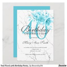 a blue and white floral birthday party card