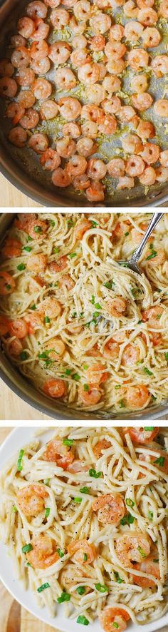 the process of making shrimp pasta is shown