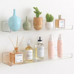 the shelves are filled with different types of skin care products and cactus plants in vases