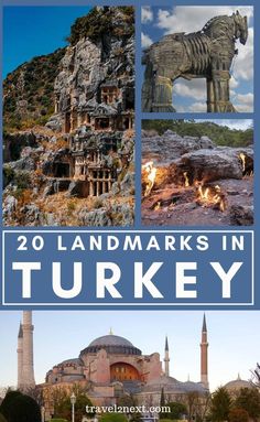 turkey with the words 20 landmarks in turkey on it and pictures of different places around them