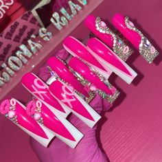 Nail length in picture: XL 💅🏼 Each set comes with 10 press on nails and a complete application kit.  Kit includes: How to apply/remove instructions, alcohol wipe pad, cuticle pusher, nail file, buffer, & nail glue. Pink Glamour Nails, Red Colorful Nails, Pink And Red Stiletto Nails, Unique Nails Designs, Wild Nails, Acrylic Nail Designs Classy, Acrylic Nail Designs Coffin, Decorative Nails, Curved Nails