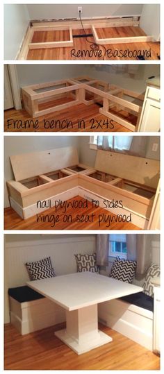 the steps to build a bench with built in storage drawers and benches on each side