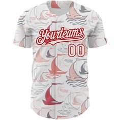 Custom White Red 3D Pattern Design Sailing Boats Authentic Baseball Jersey 3d Pattern Design, Custom Sportswear, Sailing Boats, Logo Number, Blue Football, Custom Fans, Alpha Kappa Alpha, 3d Pattern, White Jersey