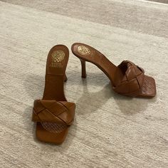 Vince Camuto Bralanie Sandal Heels Revel In Feelings Of Luxury As You Slip Into The Brelanie. You Will Be Obsessed With This Woven, Square Toed Mule. Constructed With Single Band Across The Toes And A Flared High Heel And Finshed With A Padded Footbed. Color: Barn Brown Malaga Nappa Size 8.5 New With Box, Never Worn Perfect Summer Heels Fitted Open Toe Sandals For Vacation, Fitted Sandals With Wrapped Heel For Beach, Brown Heels With Single Toe Strap For Beach, Brown Sandals With Wrapped Heel, Fitted Brown Sandals With Wrapped Heel, Fitted Brown Closed Toe Sandals, Dress Mules, Summer Heels, Sandal Heels