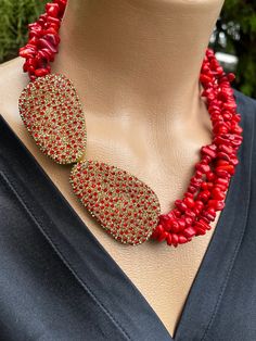 Chunky Red Coral Stone Necklace,Multistrand gemstone handmade necklace will elevate your spring stylings. This necklace is perfect for your daily outfits, special occasions, parties, birthdays, celebrations.  You can give gemstone necklace as a original gift for your mother, sister, wife, partner. Necklace Details Handmade item.  📐Lenght is 42 cm  📐10 cm adjustable chain. You can adjust lenght.  💎Gemstone :Coral Stone 💎Gemstone sizes:İrregular chip bead coral stone 💎Secondary Material:Red Z Luxury Red Coral Necklace With Round Beads, Elegant Red Beaded Necklaces With Natural Stones, Elegant Red Beaded Necklace With Natural Stones, Elegant Red Coral Gemstone Necklace, Elegant Multi-strand Red Coral Jewelry, Red Crystal Pendant Necklaces, Red Gemstone Pendant Crystal Necklace, Red Coral Necklaces For Party, Red Coral Necklace For Party