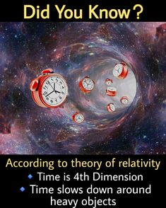 a poster with an image of clocks and stars in the background that says, did you know? according to theory of relatity time is 4h dimensional time slow down around