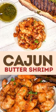 the recipe for cajun butter shrimp is shown in two pictures