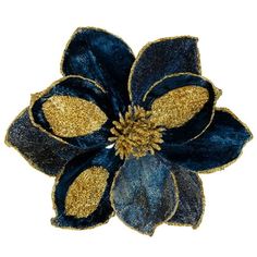 a blue and gold flower on a white background