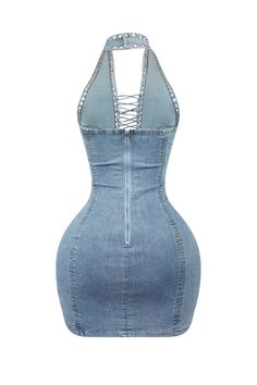 Cross halter denim mini dress featuring eyelet lace down detail Back zipper closure We recommend wearing pasties or no bra with this garment Runs true to size Night Out Tops, Casual Day Dresses, Corset Crop Top, Wedding Dresses Strapless, Denim Mini Dress, Strapless Tops, Eyelet Lace, Maxi Dress Party, Denim Mini