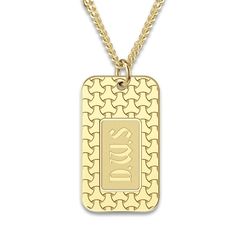 A lustrous woven textured, engravable dog tag pendant hangs handsomely around this stylish men's necklace. Fashioned in yellow gold-plated sterling silver, the 22-inch curb chain secures in place with a lobster clasp. Personalize with up to 3 initials. Luxury Gold Dog Tag Necklace, Gold Dog Tag Necklace For Father's Day, Gold Dog Tag Jewelry For Father's Day, Father's Day Gold Dog Tag Jewelry, Gold Engraved Dog Tag Jewelry, Engraved Gold Dog Tag Jewelry, Father's Day Gold Jewelry With Engraving Option, Gold Polished Dog Tag Jewelry, Dog Tag Pendant