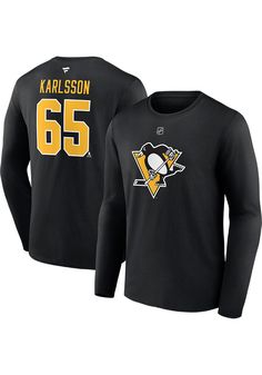 Show off your favorite player in this Pittsburgh Penguins Black Primary Erik Karlsson Long Sleeve Player Tee! This Player T Shirt features a screen printed team logo on the front, player name and number on the back, so everyone will know you cheer for Pitt Penguins, Erik Karlsson! This is the perfect Penguins Player Tee for wearing on cool game days. Go Penguins! Screen printed team logo on chest, Screen printed player name and number on back, Fanatics Logo at back neck, Long sleeve crew neck te Black Long Sleeve Fan Gear T-shirt, Black Crew Neck Top With Team Logo, Black Tops With Logo Print For Team Events, Black Tops With Team Logo Fan Apparel, Fan Apparel Tops With Logo Print For Team Events, Black Fan Apparel Tops With Team Logo, Black Fan Apparel Tops For Team Events, Black Fan Apparel Tops For Sports Events, Black Jersey Tops With Logo Print