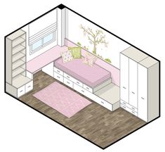 a drawing of a small bedroom with pink walls