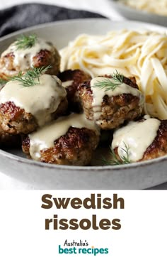 some meatballs and noodles in a bowl with sauce on top, ready to be eaten