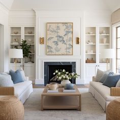 a living room filled with furniture and a fire place in front of a painting on the wall