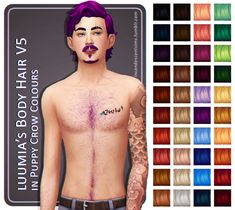 an image of a man with purple hair and tattoos on his chest, next to color swatches